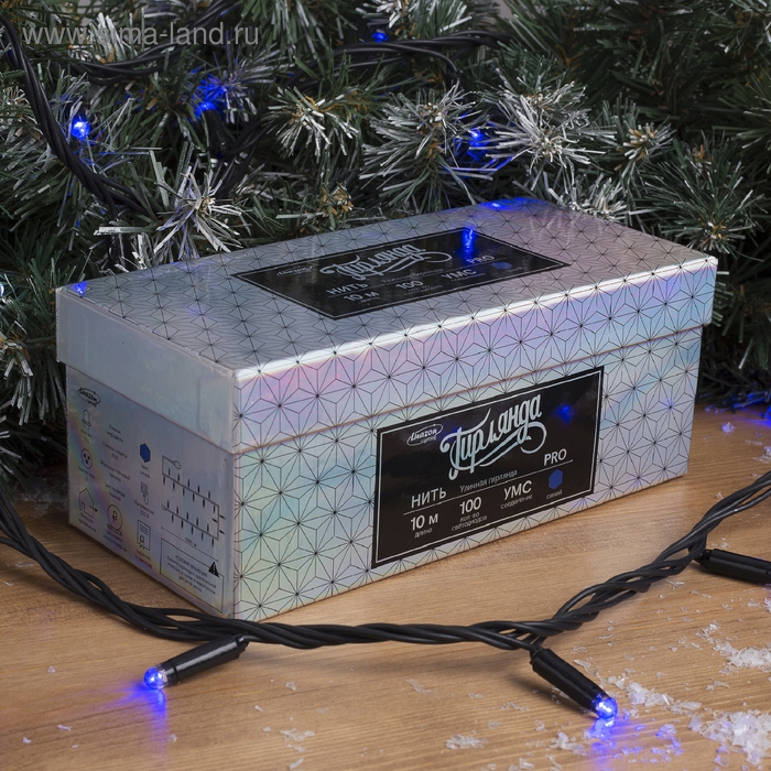 Гирлянда «Нить» 10 м, IP65, УМС, тёмная нить, 100 LED, свечение синее, мерцание белым, 220 В Гирлянда «Нить» 10 м, IP65, УМС, тёмная нить, 100 LED, свечение синее, мерцание белым, 220 В
