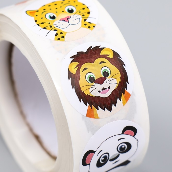 Наклейка бумага Наклейка бумага "Дикие зверята - эмоции" d=2,5 см 500 шт в рулоне 3х6,5х6,5 см