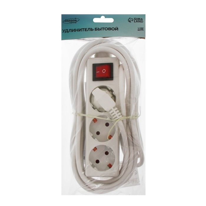 Удлинитель Luazon Lighting, 3 розетки, 5 м, 6 А, 1300 Вт, 3х0.75 мм2, с з/к, с выкл., Б Удлинитель Luazon Lighting, 3 розетки, 5 м, 6 А, 1300 Вт, 3х0.75 мм2, с з/к, с выкл., Б