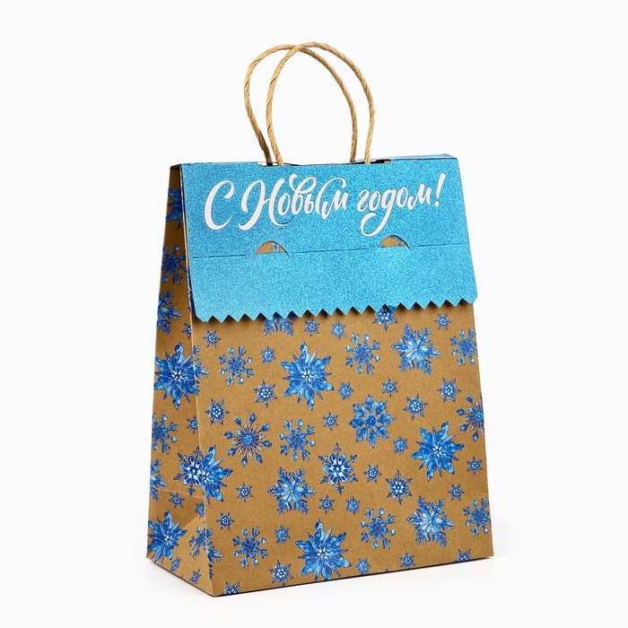 Пакет с клапаном &laquo;Снежинки&raquo;, крафт, глиттер, 19.5 х 10 х 25 см