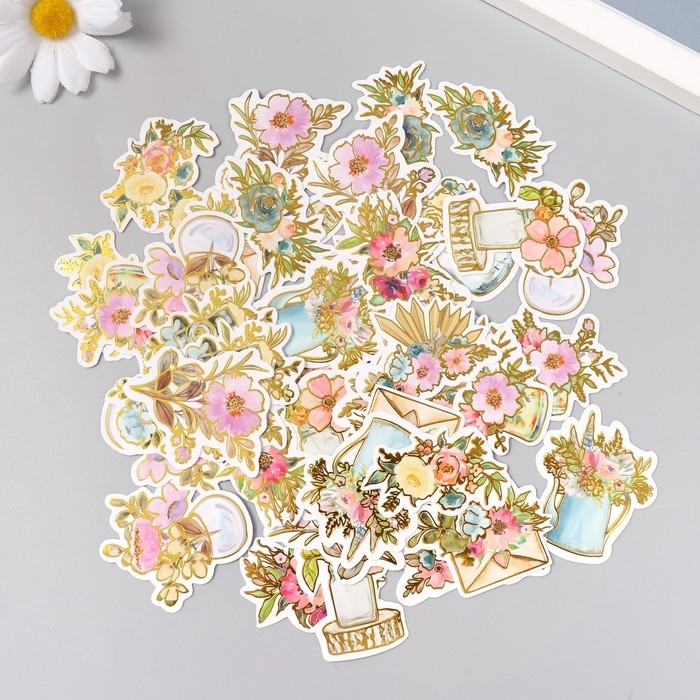 Наклейки для творчества Наклейки для творчества "Акварельные цветы" тиснение золото набор 48 шт 9х7х0,8 см