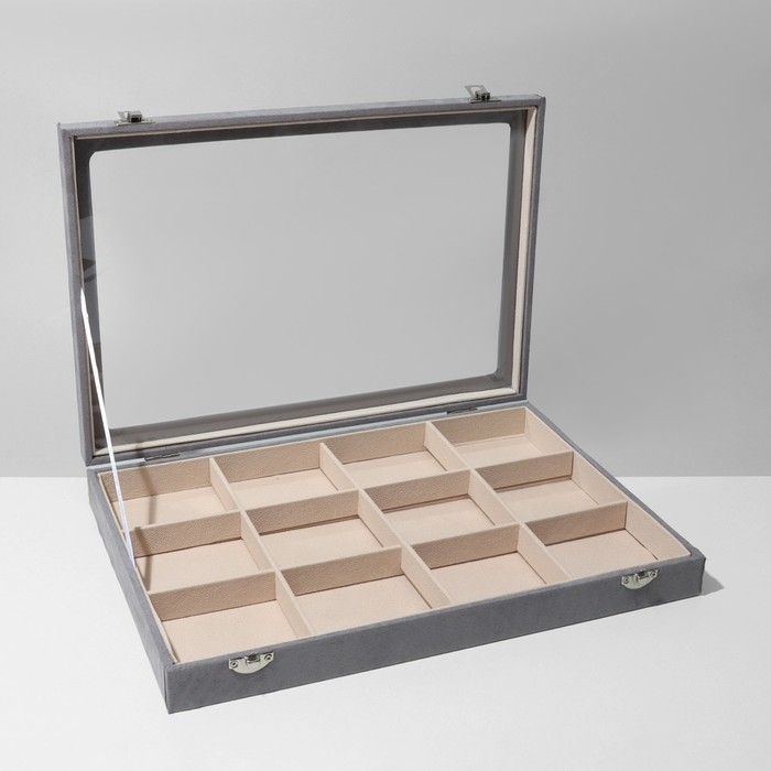 Подставка для украшений &laquo;Шкатулка&raquo; 12 ячеек, флок, 35&times;24&times;4,5, стеклянная крышка, цвет серо-бежевый