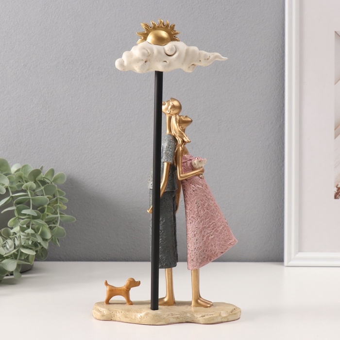 Сувенир полистоун "Пара на скамейке с тучкой и солнцем" розово-голубой 6х16х30 см