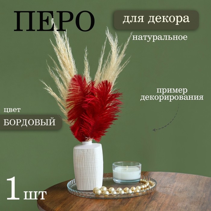 Перо для декора 1 шт., размер 24 см, цвет бордовый Перо для декора 1 шт., размер 24 см, цвет бордовый