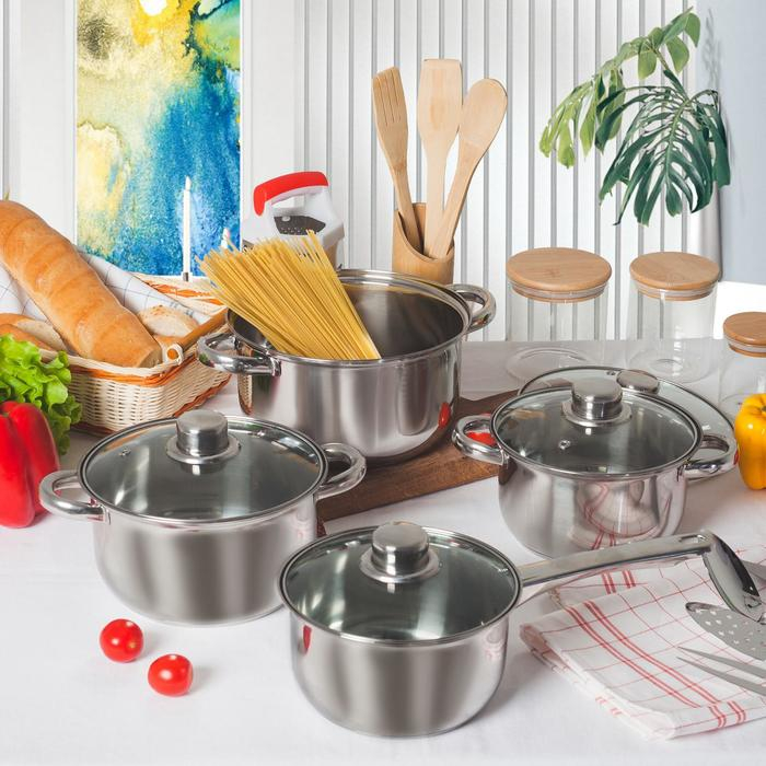 Набор посуды из нержавеющей стали Доляна &laquo;Классика&raquo;, 8 предметов: ковш 1,5 л, 2 кастрюли 2/3 л, сковорода d=24 см, крышки, стенки 0,3 мм, дно 5 мм