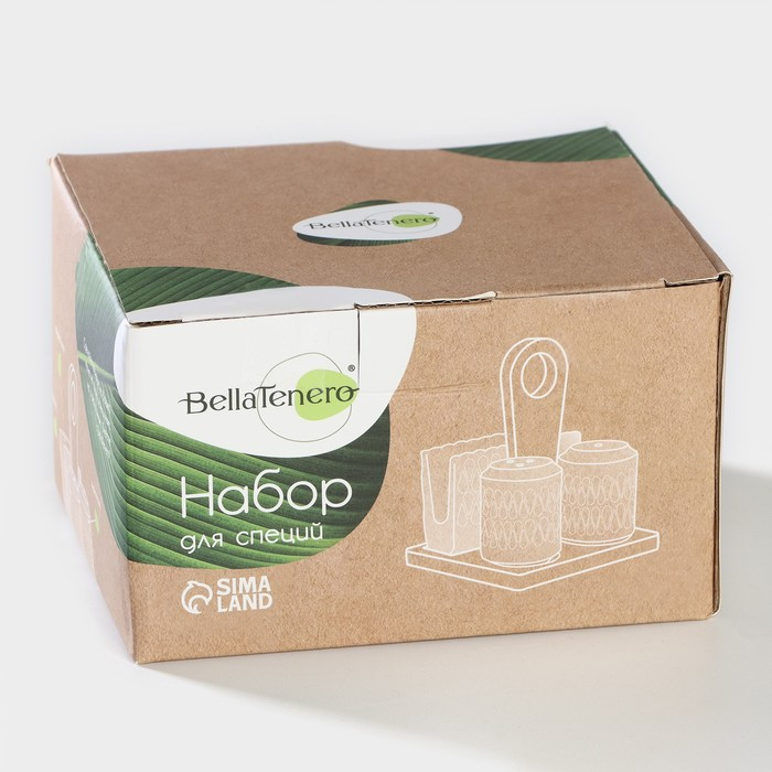 Набор керамический для специй на бамбуковой подставке BellaTenero «Герда», 3 предмета: солонка 120 мл, перечница 120 мл, салфетница, цвет белый Набор керамический для специй на бамбуковой подставке BellaTenero «Герда», 3 предмета: солонка 120 мл, перечница 120 мл, салфетница, цвет белый