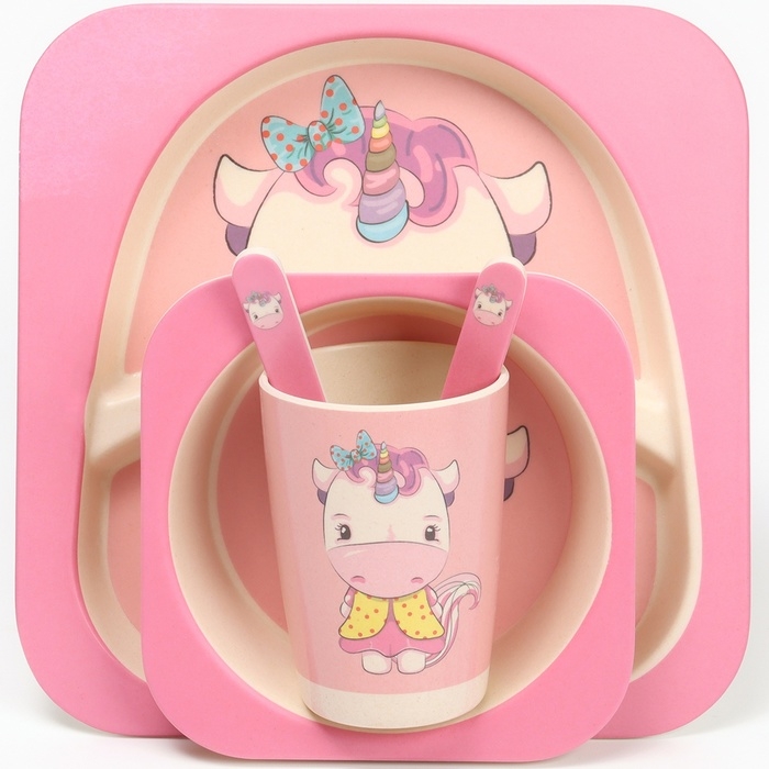 Набор бамбуковой посуды &laquo;Единорог&raquo;, тарелка, миска, стакан, приборы, 5 предметов