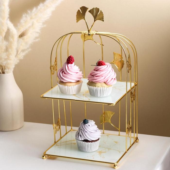 Подставка под десерты 2-х ярусная «Мрамор», 21×21×43 см, цвет металла золотой Подставка под десерты 2-х ярусная «Мрамор», 21×21×43 см, цвет металла золотой
