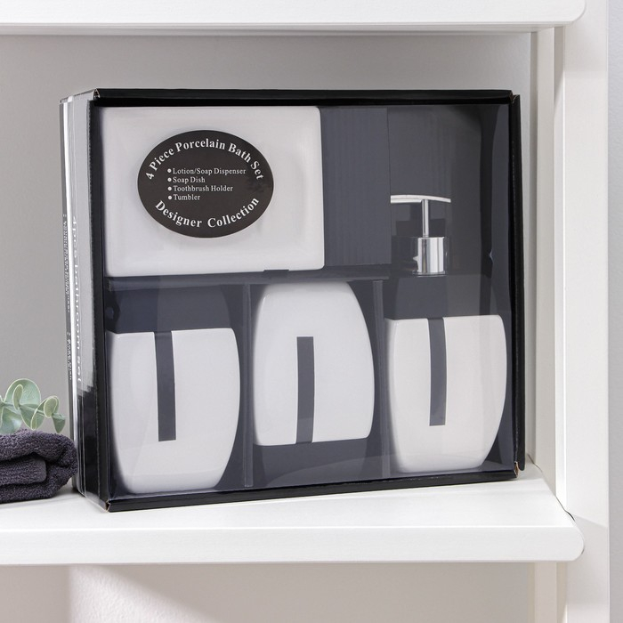 Набор аксессуаров для ванной комнаты &laquo;Гармония&raquo;, 4 предмета (дозатор 400 мл, мыльница, 2 стакана), цвет чёрно-белый