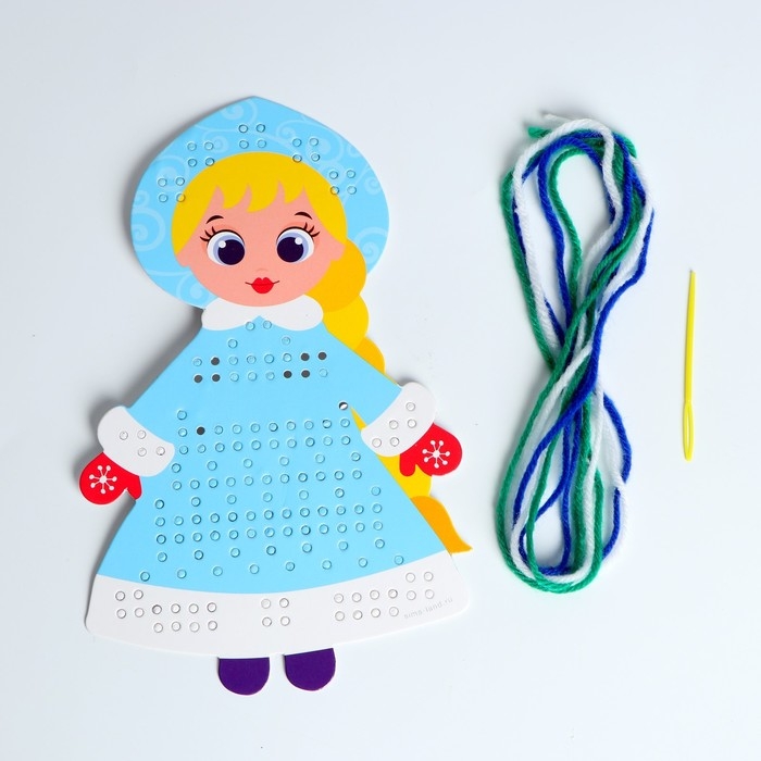Вышивка пряжей на новый год &laquo;Снегурочка&raquo; на картоне с пластиковой иглой, новогодний набор для творчества