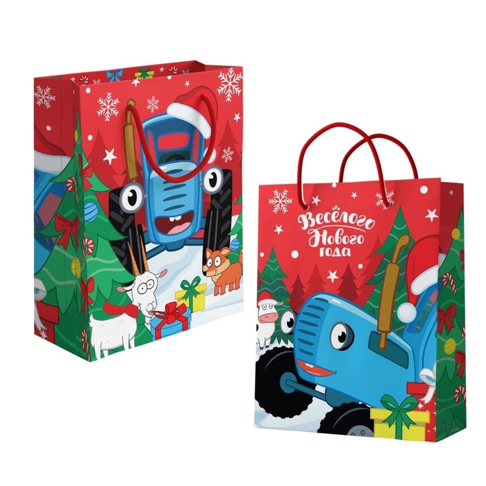 Пакет ламинированный &laquo;Весёлого Нового Года&raquo;, 31 х 40 х 11.5 см, Синий трактор
