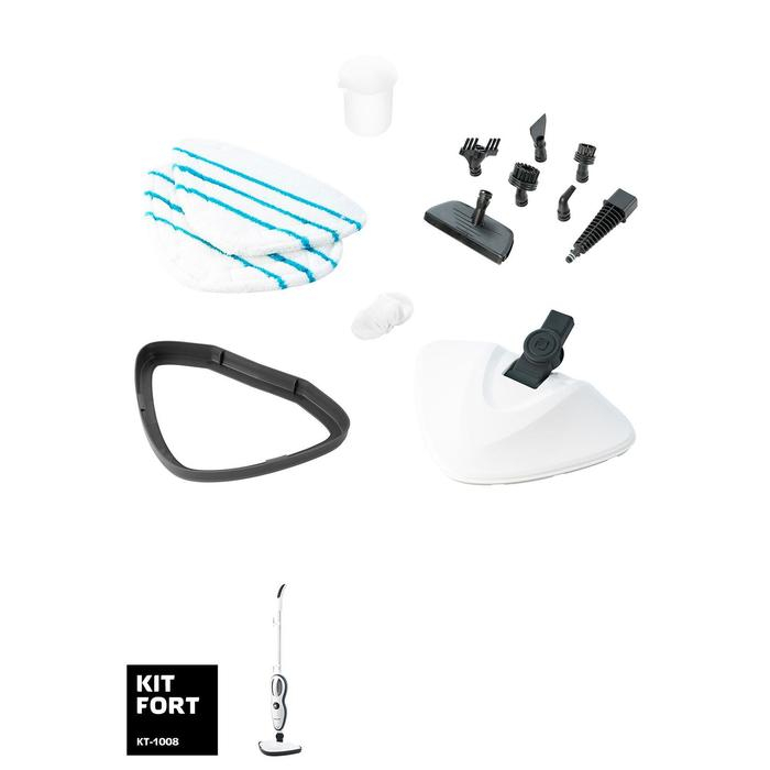 Паровая швабра Kitfort КТ-1008, 1500 Вт, 370 мл, 10 насадок, бело-серый Паровая швабра Kitfort КТ-1008, 1500 Вт, 370 мл, 10 насадок, бело-серый