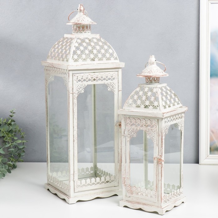 Подсвечник металл Подсвечник металл "Фонарь - белые кружева" набор 2 шт белый 17х17х52, 13х13х39,5 см