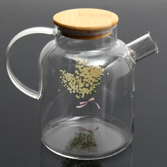 Чайник стеклянный заварочный с бамбуковой крышкой &laquo;Нежная мимоза&raquo;, 1700 мл