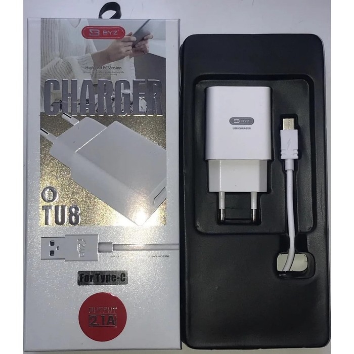 Сетевое зарядное устройство BYZ TU8, USB, 2.1 А, кабель Type-C, 1 м, белое