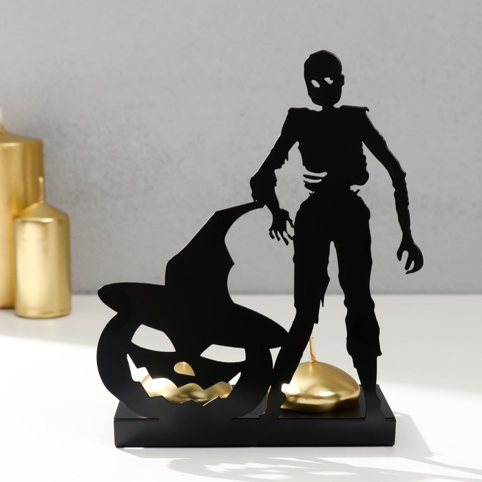 Подсвечник металл на 2 свечи Подсвечник металл на 2 свечи "Хэллоуин. Зомби с тыквой" чёрный 17,5х14х6 см