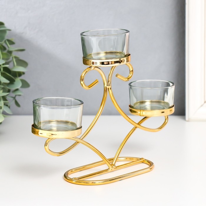 Подсвечник металл, стекло на 3 свечи "Витки" d-4,5 см золото 20х5,5х13 см