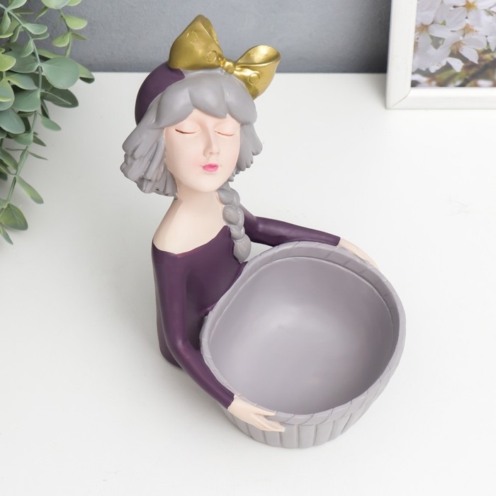 Сувенир полистоун вазон "Девочка с косой с бантом на голове" 21х13х14 см