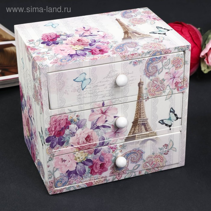Шкатулка дерево комод 3 ящика Шкатулка дерево комод 3 ящика "Эйфелева башня и букет цветов" 14,8х15,6х11,6 см