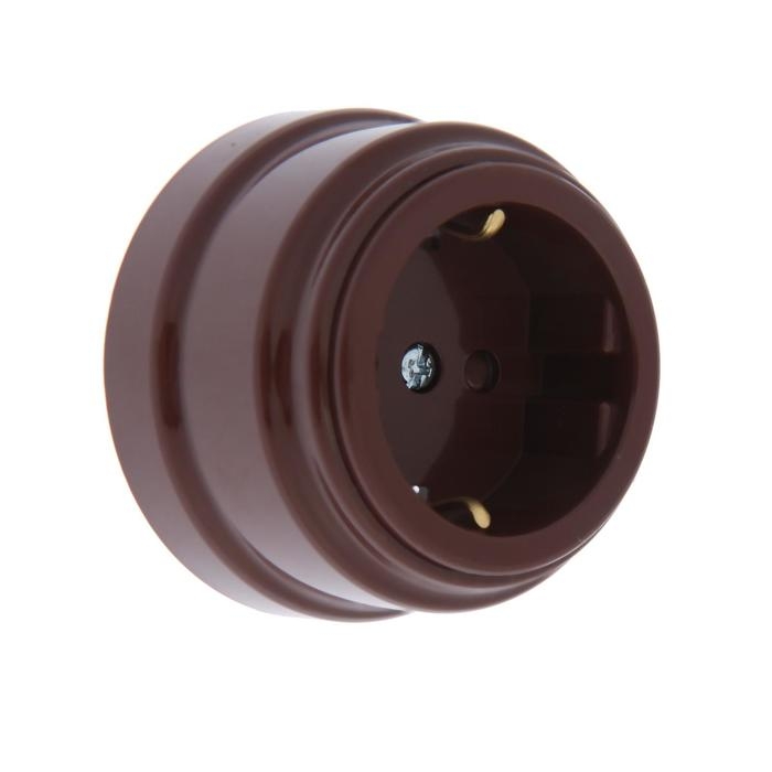 Розетка BYLECTRICA Ретро РА16-0206, 16А, одномест., наруж., с з/к, со штор., IP20, корич. Розетка BYLECTRICA Ретро РА16-0206, 16А, одномест., наруж., с з/к, со штор., IP20, корич.