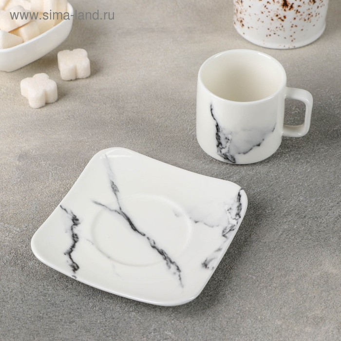 Кофейная пара фарфоровая &laquo;Мрамор&raquo;, 2 предмета: чашка 90 мл, блюдце d=11,2 см, цвет белый