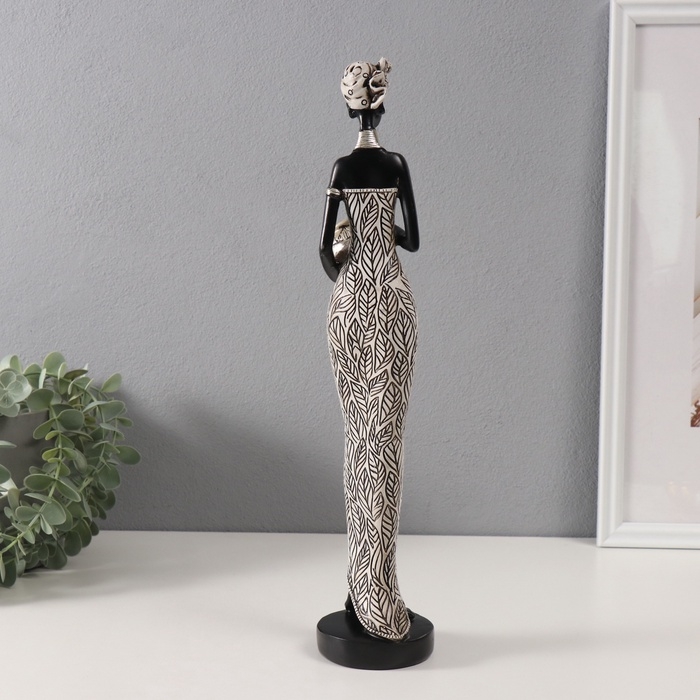Сувенир полистоун "Африканка в платье с листьями, с горшком" белый с чёрным 8,5х8х39 см