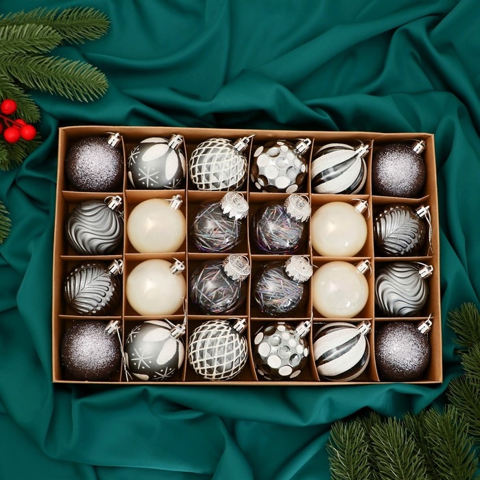 Набор шаров пластик d-6 см, 24 шт Набор шаров пластик d-6 см, 24 шт "Мелодия" ассорти люкс, белый серебро сиреневый