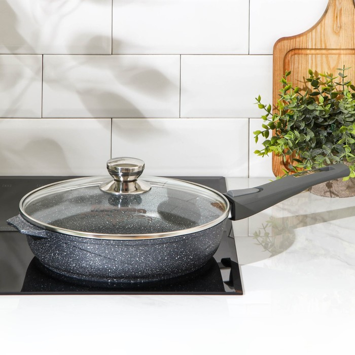 Сковорода &laquo;Гранит&raquo;, d=26 см, антипригарное покрытие, съёмная ручка, стеклянная крышка, цвет серый