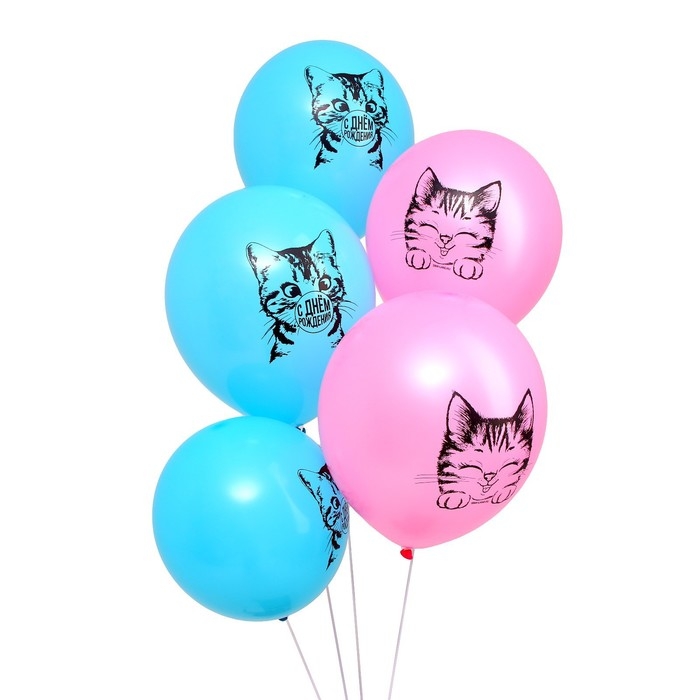 Воздушный шар латексный 12" &laquo;Котик&raquo;, 5 шт.