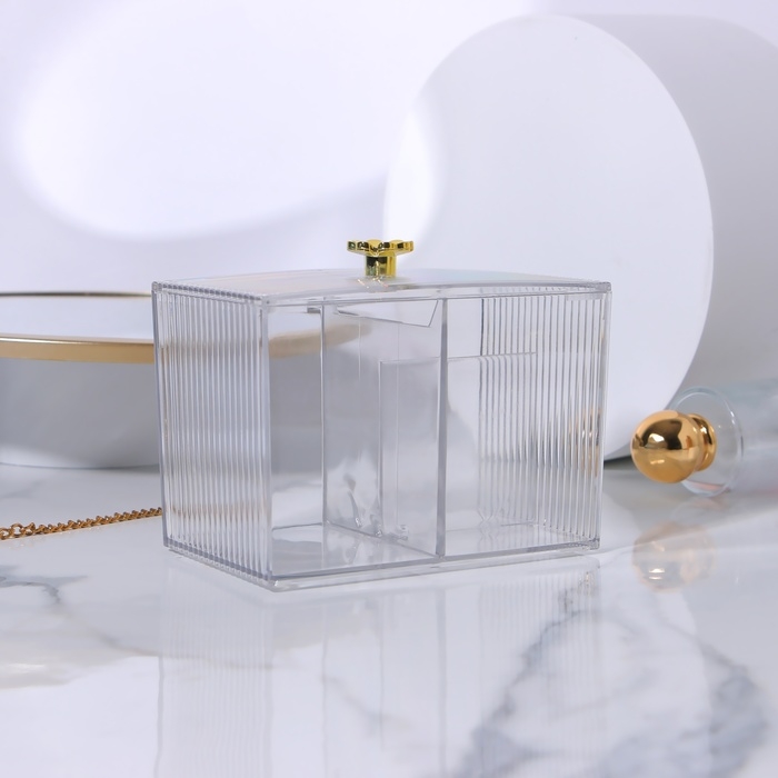 Органайзер для ватных палочек и дисков «FLOWER», с крышкой, 3 секции, 14 × 9 × 10,5 см, цвет прозрачный/золотистый Органайзер для ватных палочек и дисков «FLOWER», с крышкой, 3 секции, 14 × 9 × 10,5 см, цвет прозрачный/золотистый