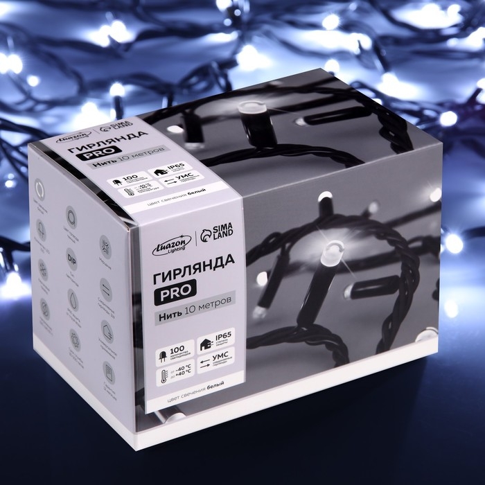 Гирлянда &laquo;Нить&raquo; 10 м, IP65, УМС, тёмная каучуковая нить, 100 LED, свечение белое, мерцание, 220 В