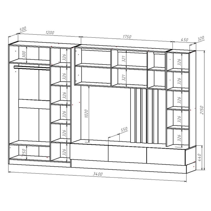 Гостиная Лиза, 3400х550х2150, Сатин/Анкор белый
