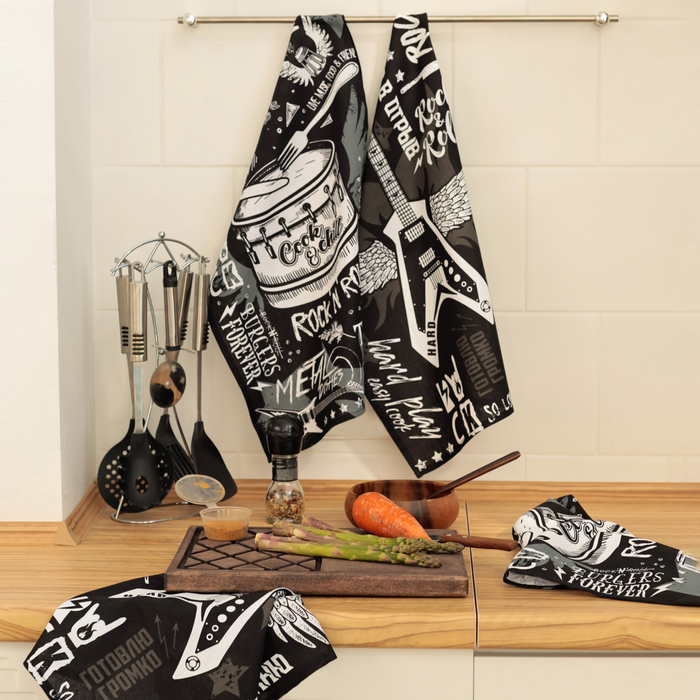 Набор кухонных полотенец Доляна Rock'n'roll 35х60см-4шт, 100% хл