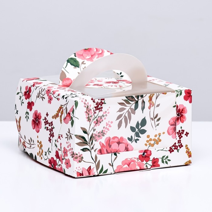 Коробка под бенто-торт с окном Коробка под бенто-торт с окном "Цветочная роспись", 14 х 14 х 8 см