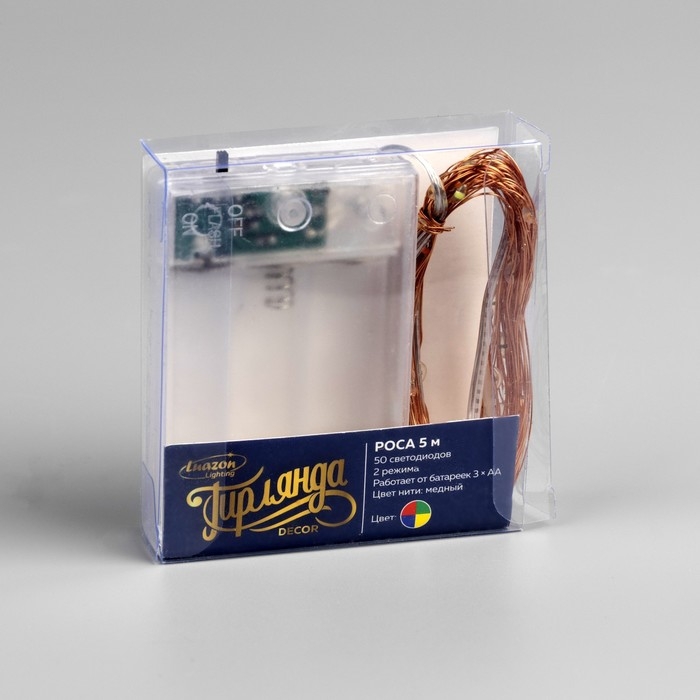 Гирлянда &laquo;Нить&raquo; 5 м роса, IP20, медная нить, 50 LED, свечение мульти, 2 режима, AAх3