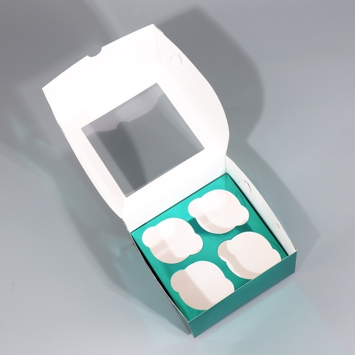 Коробка для капкейков, кондитерская упаковка с окном, 4 ячейки &laquo;Голубая&raquo;, 16 х 16 х 10 см