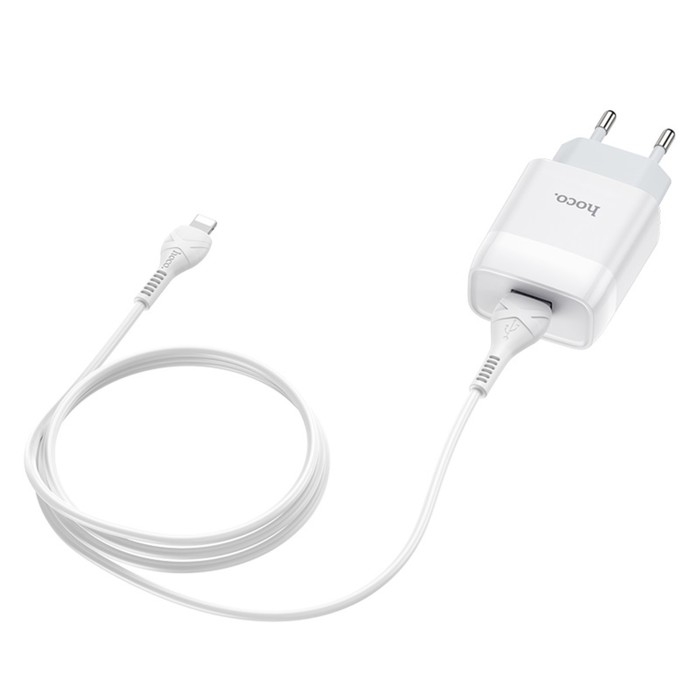 Сетевое зарядное устройство Hoco C72A, 1 USB, 2.1 А, кабель Lightning - USB, 1 м, белый