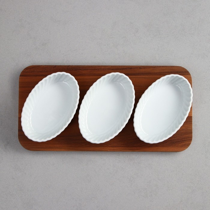 Менажница «Кармен», 3 шт: 250 мл, овальная, деревянное основание, фарфор, Иран Менажница «Кармен», 3 шт: 250 мл, овальная, деревянное основание, фарфор, Иран