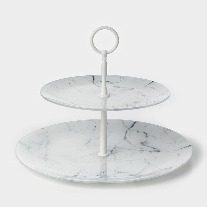 Этажерка-фруктовница стеклянная Доляна &laquo;Мрамор&raquo;, d=21 см, d=30 см, 2 яруса, цвет белый