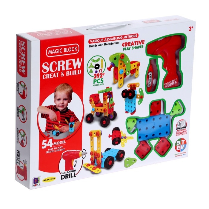 Конструктор в чемодане &laquo;Объёмная мозаика&raquo;, с электрическим шуруповертом, 54 модели, 292 детали
