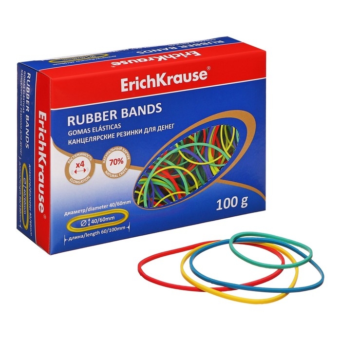 Банковская резинка, 100 г, ErichKrause, диаметр 40/60 мм, длина 60/100 мм, в коробке-деспенсере, микс Банковская резинка, 100 г, ErichKrause, диаметр 40/60 мм, длина 60/100 мм, в коробке-деспенсере, микс
