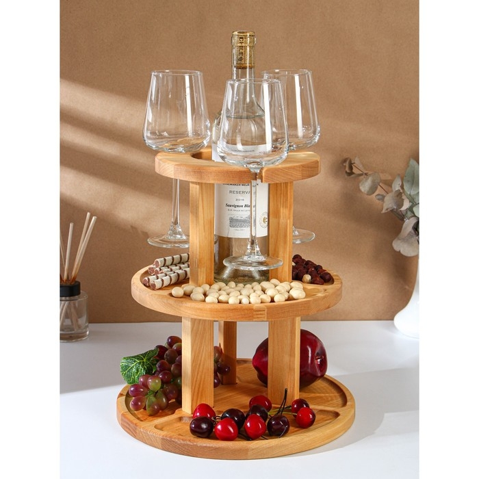 Менажница деревянная Adelica, 3-х ярусная с подставкой для вина, d=30&times;1,8 см, d=26&times;1,8 см, d=20&times;1,8 см, берёза, в подарочной коробке