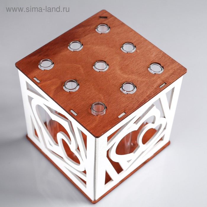 Кашпо деревянное 15&times;15&times;15 см с 9 колбами "Два сердца", морёный белый Дарим Красиво