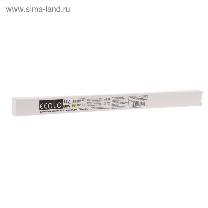 Узкий блок питания Ecola для светодиодной ленты 12 В, 60 Вт, IP20 Узкий блок питания Ecola для светодиодной ленты 12 В, 60 Вт, IP20