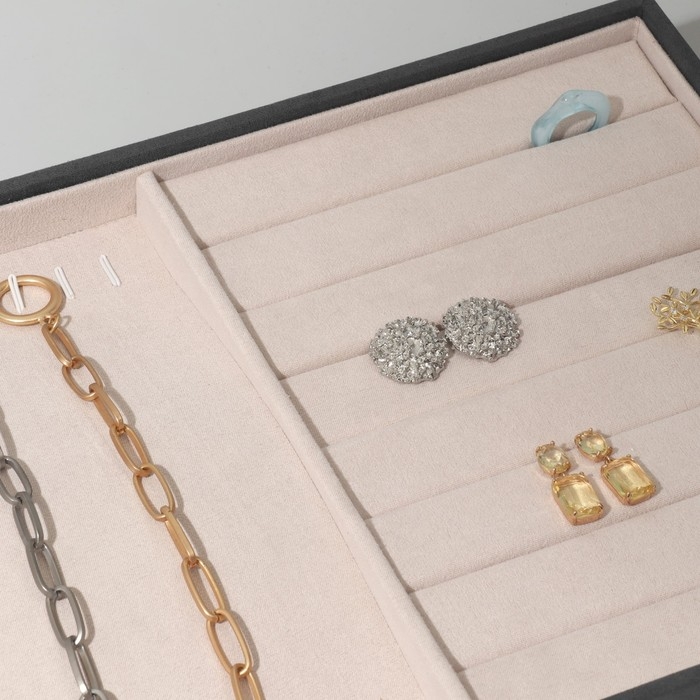 Подставка для украшений 10 крючков и 7 полос для колец, флок, 35&times;24&times;3 см, цвет серо-бежевый