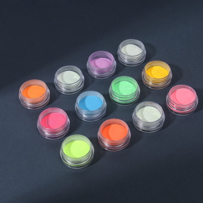 Пигмент для ногтей, светящийся в темноте, набор 12 баночек, 3 гр, разноцветный Пигмент для ногтей, светящийся в темноте, набор 12 баночек, 3 гр, разноцветный