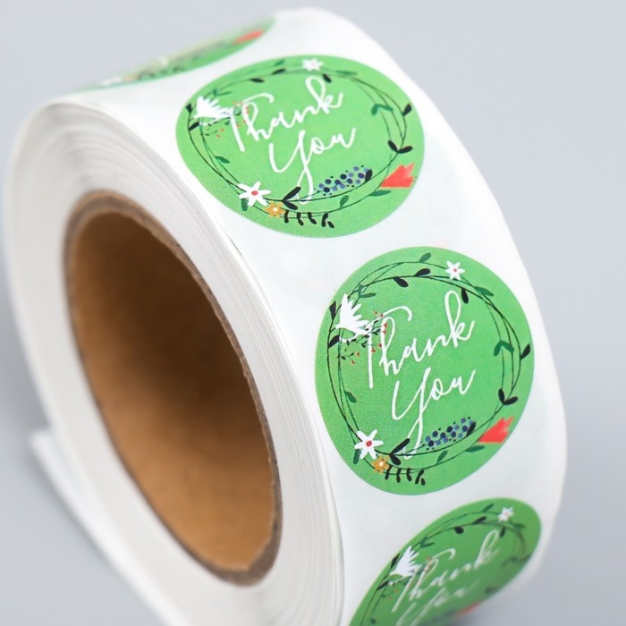 Наклейка бумага Наклейка бумага "Венок из полевых цветов. Спасибо" d=2,5 см 500 шт в рулоне 3х6,5х6,5 см