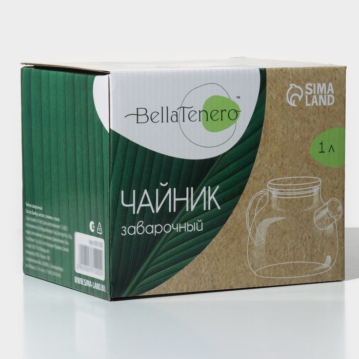 Заварочный чайник BellaTenero &laquo;Эко&raquo;, 1 л, бамбуковая крышка, металлический фильтр, стекло