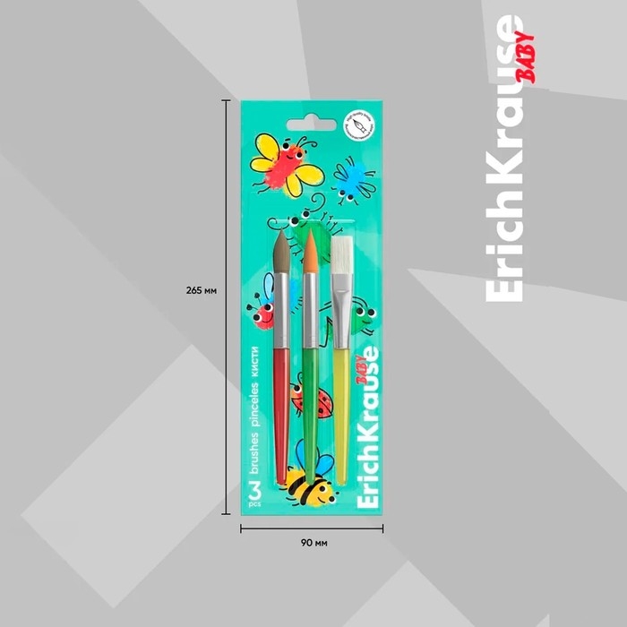 Набор кистей синтетика и пони 3 штуки, ErichKrause "Baby" для творчества, в блистере