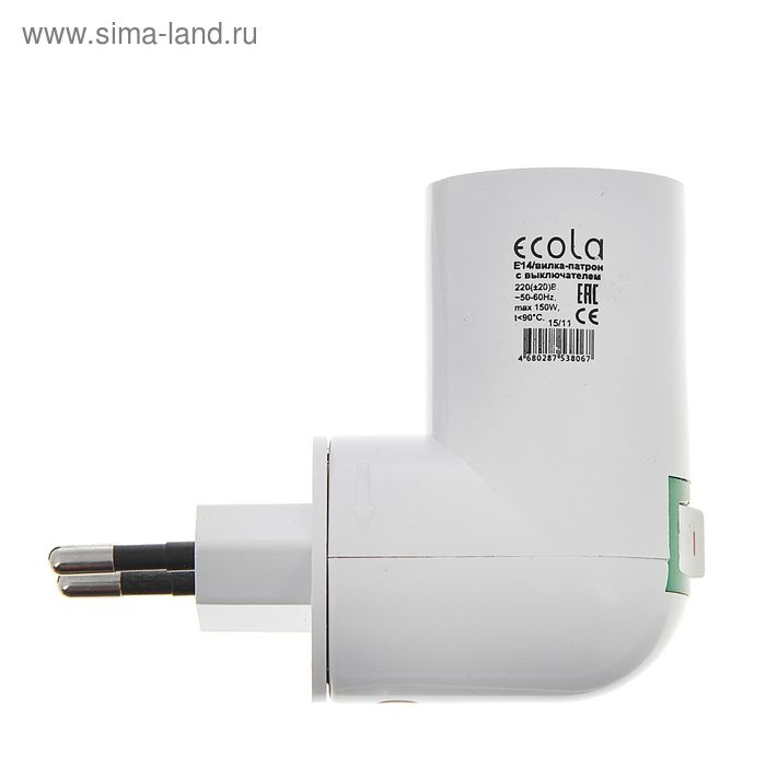 Переходник Ecola, вилка-патрон, E14, 60 х 83 мм, с выключателем, белый Переходник Ecola, вилка-патрон, E14, 60 х 83 мм, с выключателем, белый